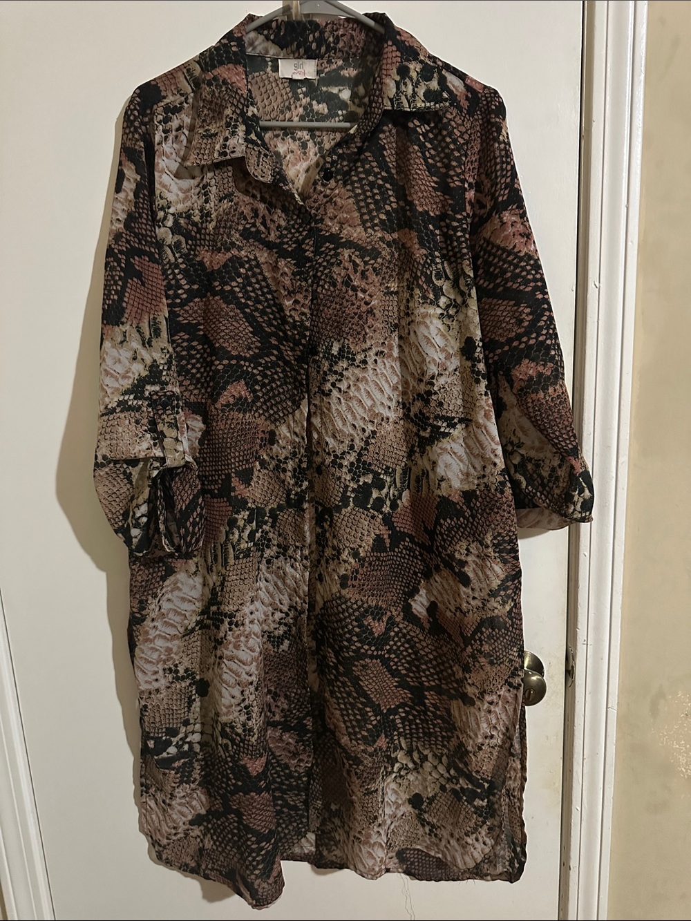 Long-Sleeve Snake-Print Shirt Dress in Brown and Black